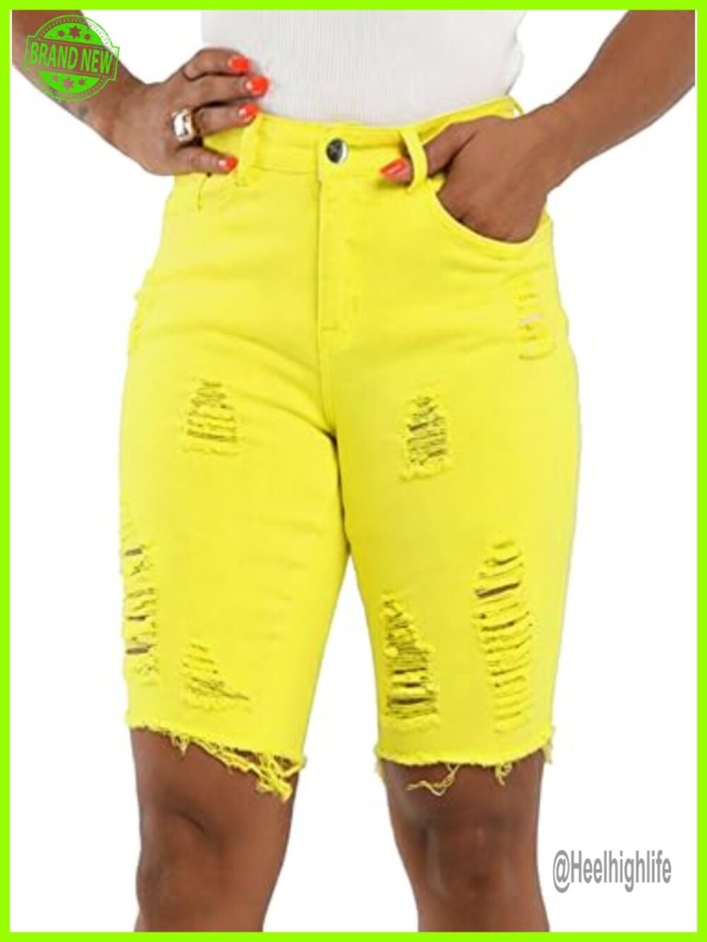 Womens Jean Shorts Mid Waist Knee Length Stretch Denim Ripped Frayed Hem